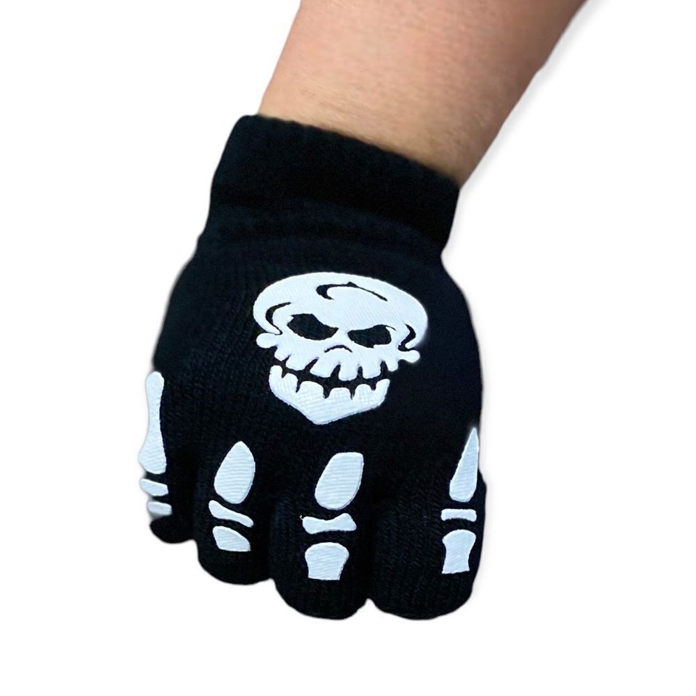 Gothic Glow In The Dark Skulls Black Knit Cover Fingerless Gloves NEW